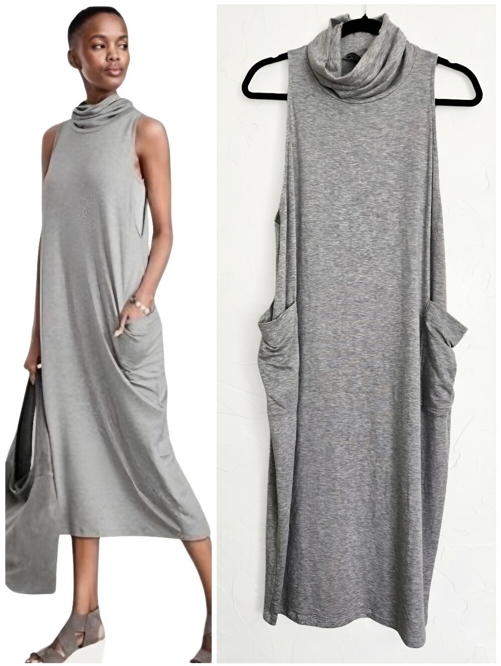 Eileen Fisher Soft Cowl Neck Sleeveless Heathered Gray Dress, XS